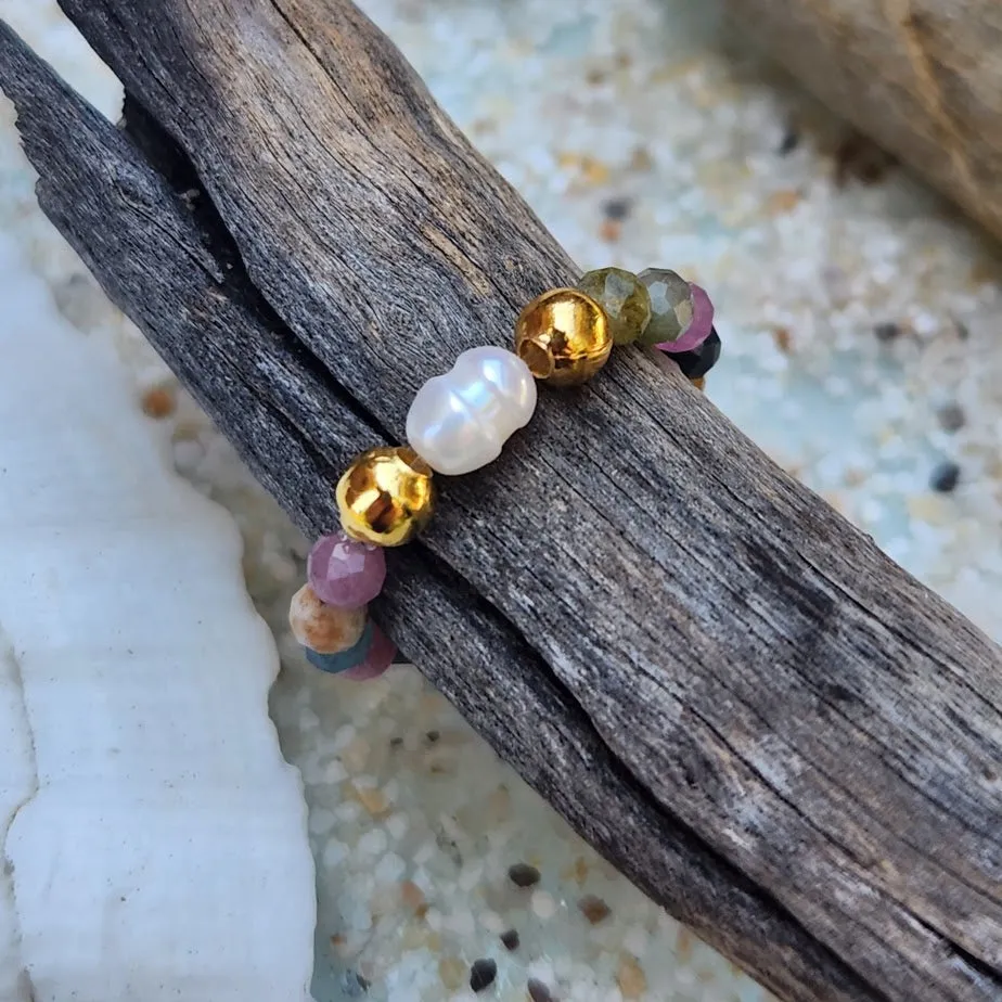 TOURMALINE & PEARL ADJUSTABLE WATERPROOF GOLD RING